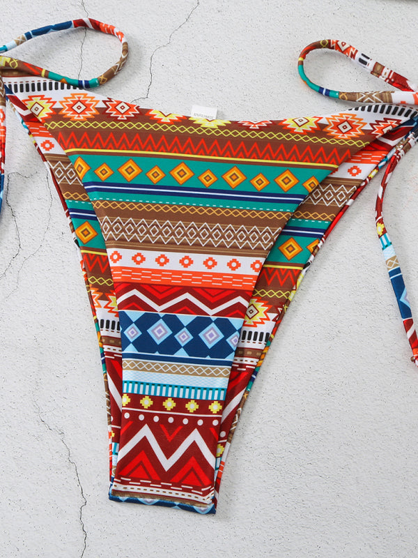 style halterneck lace-up adjustable briefs printed multi-color split bikini