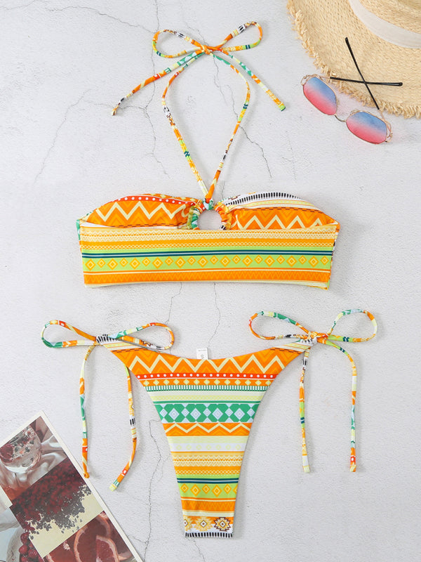 style halterneck lace-up adjustable briefs printed multi-color split bikini