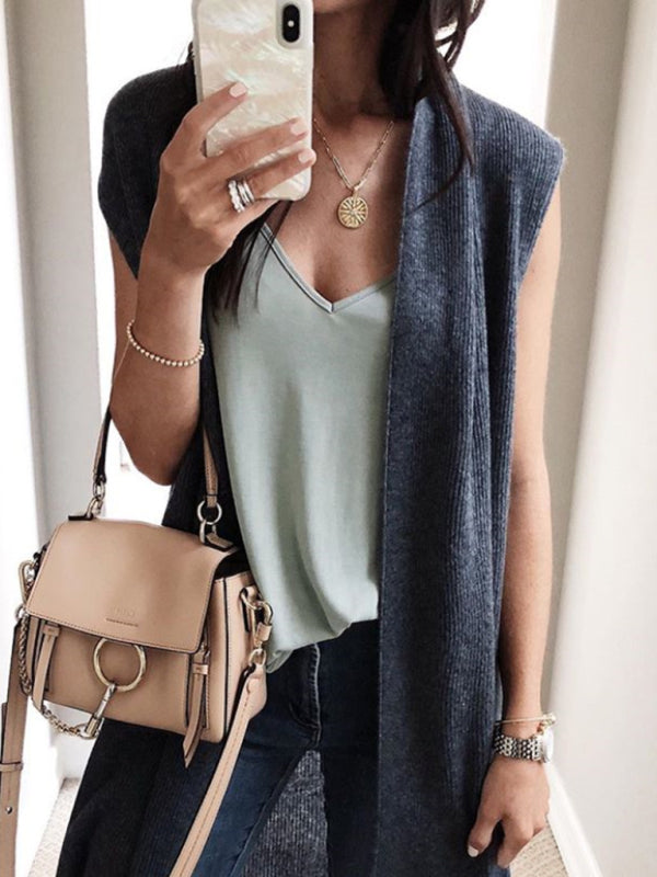 solid colorable casual mid-length cardigan vest