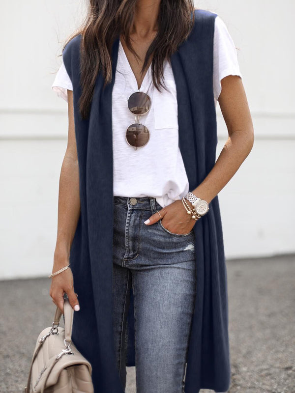 solid colorable casual mid-length cardigan vest