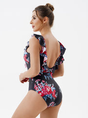 Skinny Backless Floral Print One Piece Swimsuit