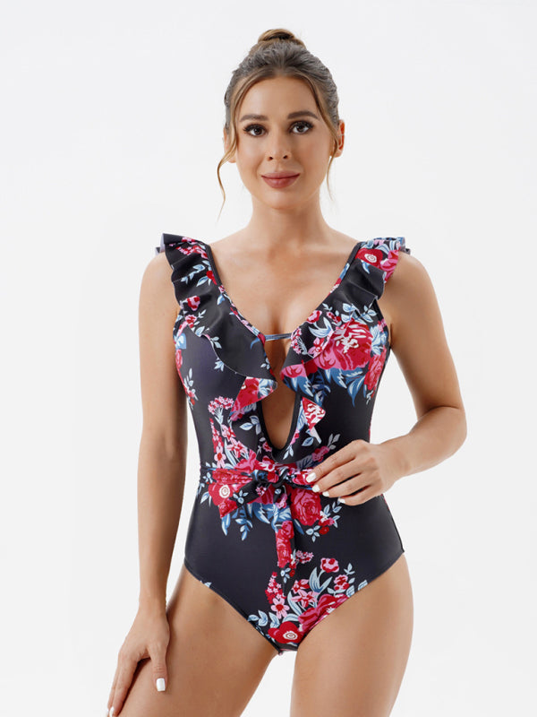 Skinny Backless Floral Print One Piece Swimsuit