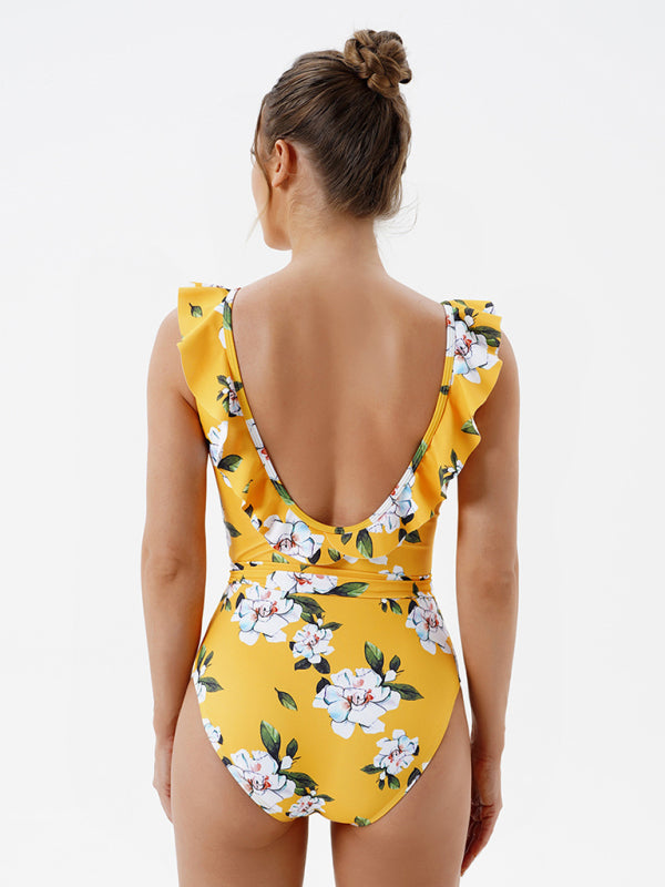 Skinny Backless Floral Print One Piece Swimsuit