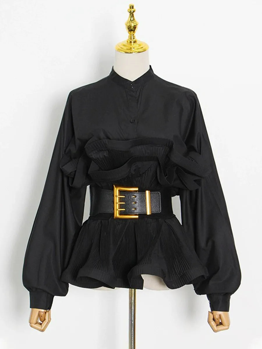 Stand-Up Collar Pleated Top