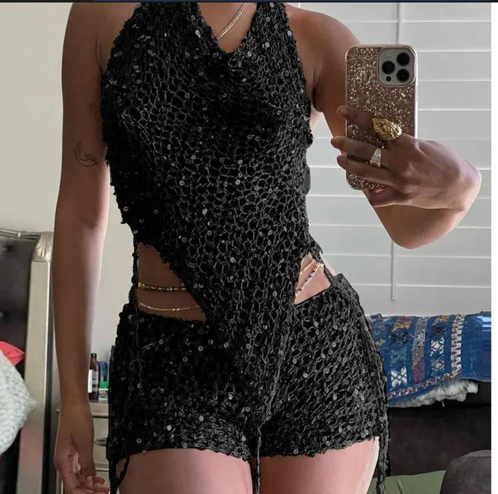 Cutout Knitted Sequined Top High Waist Hip Wrapped Skirt Set