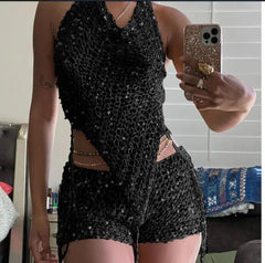 Cutout Knitted Sequined Top High Waist Hip Wrapped Skirt Set