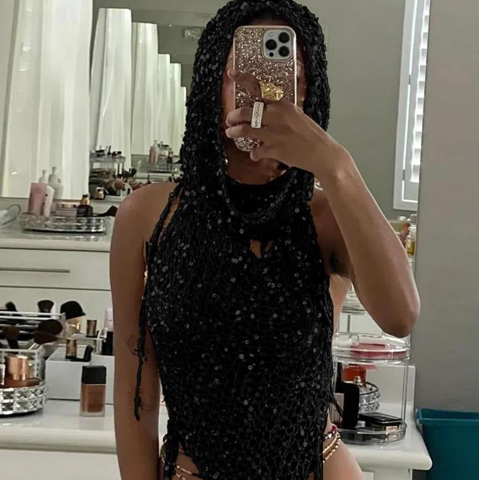 Cutout Knitted Sequined Top High Waist Hip Wrapped Skirt Set