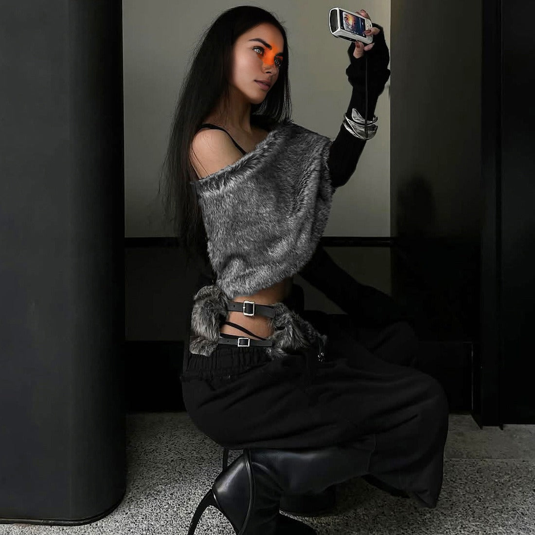 Fur-Trimmed Spliced Top