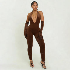 Street Tight Deep V Plunge neck Backless Short Sleeve One Piece Trousers