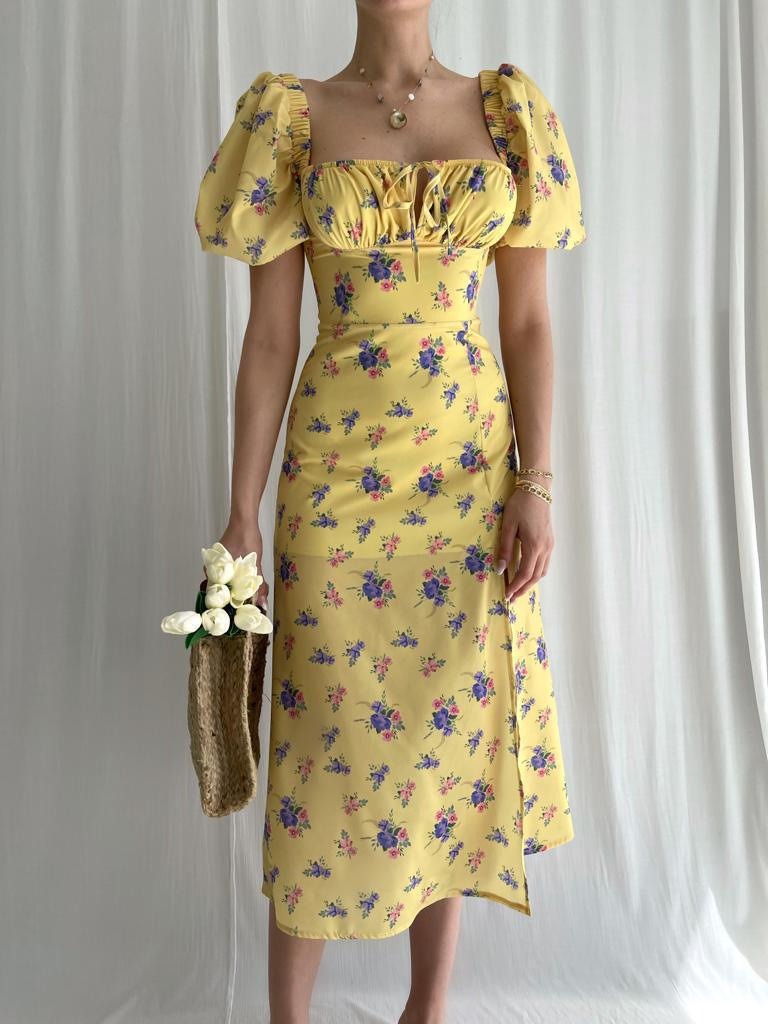 Elegant Mesh Square Collar Puff Sleeve High Waist Dress