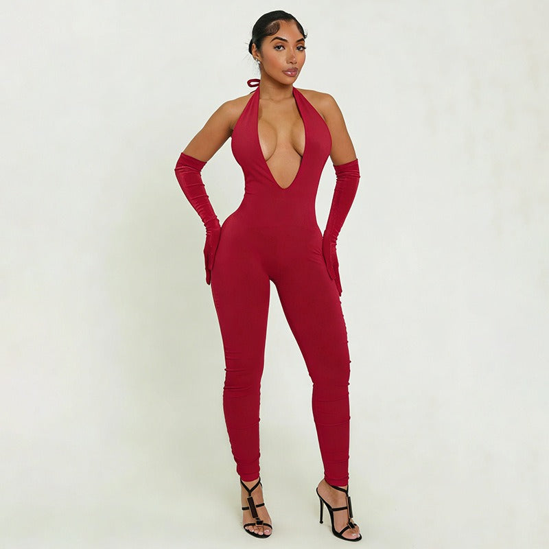 Street Tight Deep V Plunge neck Backless Short Sleeve One Piece Trousers