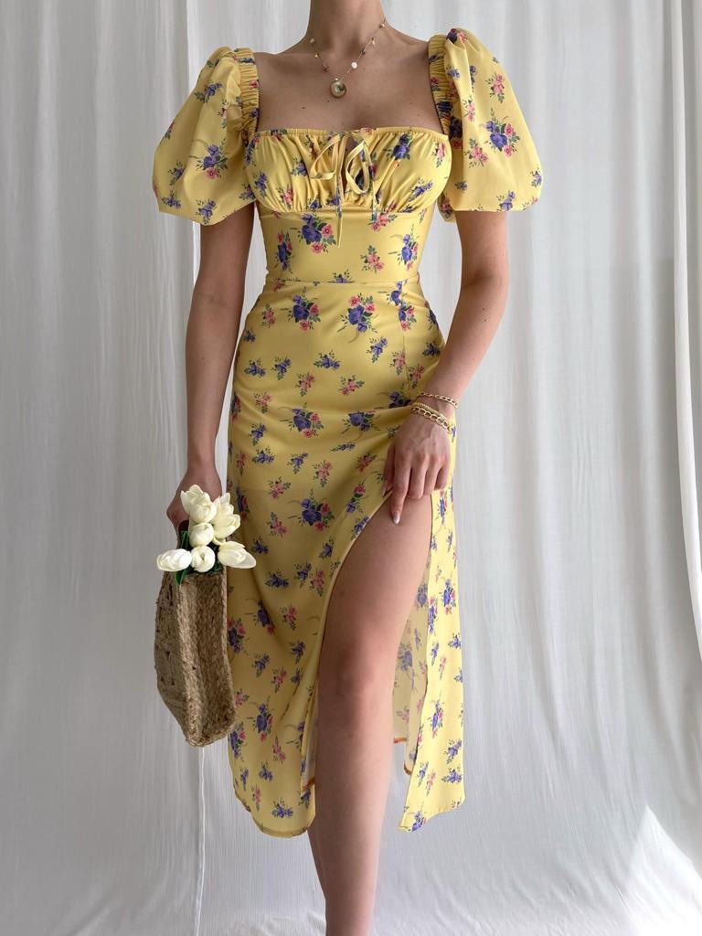 Elegant Mesh Square Collar Puff Sleeve High Waist Dress