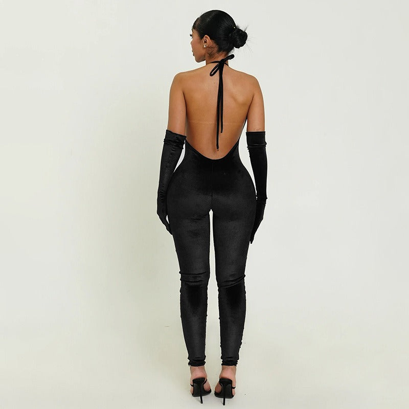 Street Tight Deep V Plunge neck Backless Short Sleeve One Piece Trousers