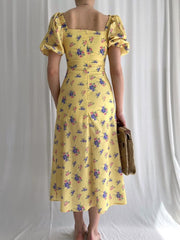 Elegant Mesh Square Collar Puff Sleeve High Waist Dress