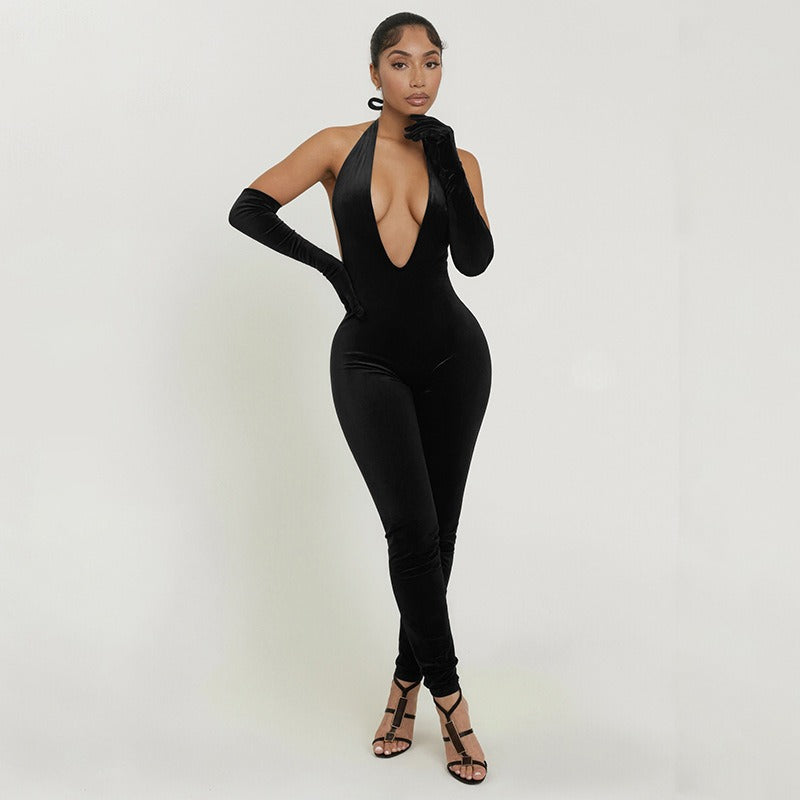 Street Tight Deep V Plunge neck Backless Short Sleeve One Piece Trousers
