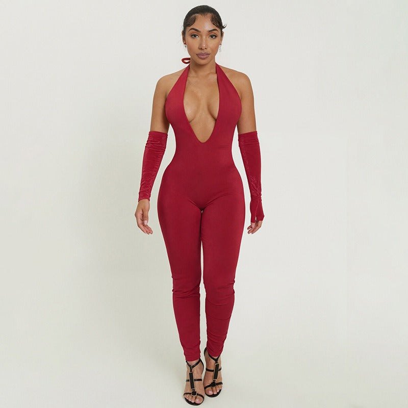 Street Tight Deep V Plunge neck Backless Short Sleeve One Piece Trousers