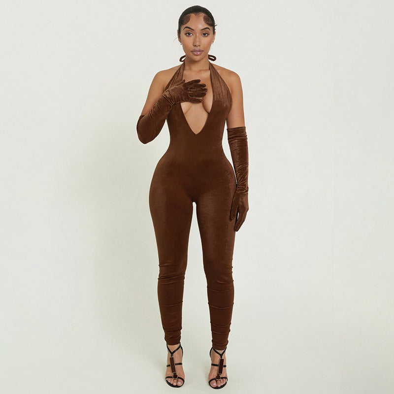 Street Tight Deep V Plunge neck Backless Short Sleeve One Piece Trousers
