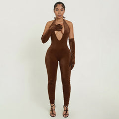 Street Tight Deep V Plunge neck Backless Short Sleeve One Piece Trousers