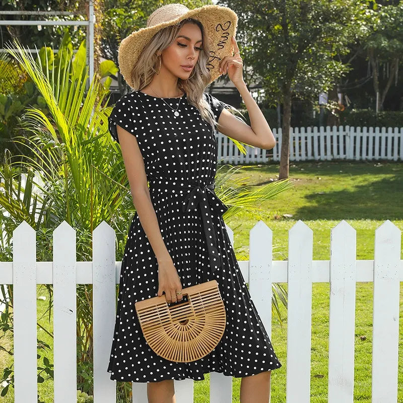 Polka Dot Round Neck Dress with Pockets