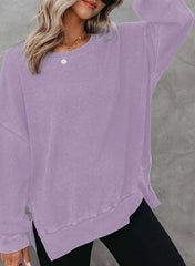 round neck long sleeve side slit waffle knit top