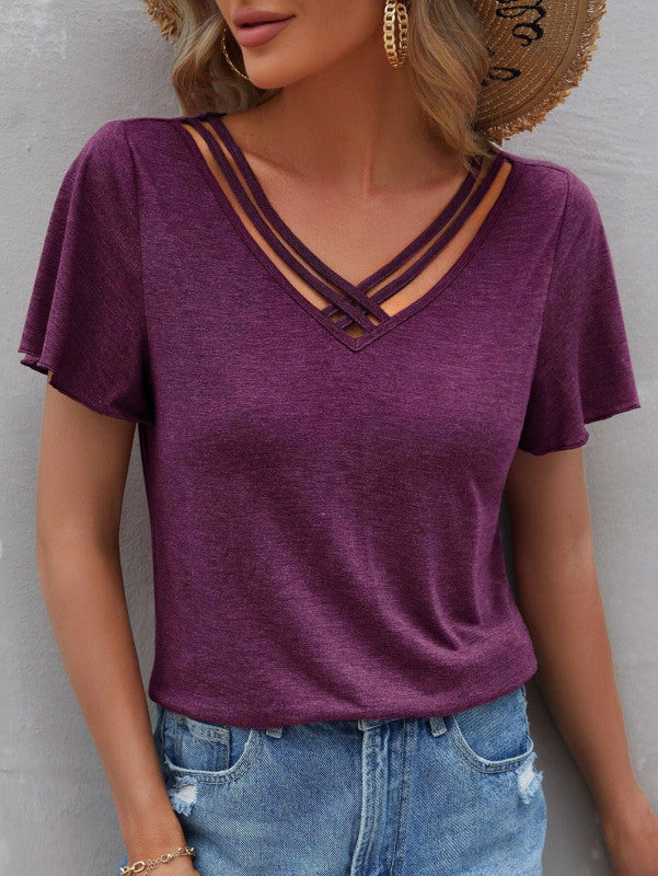 Solid Color Ruffle Sleeve Short Sleeve Top T-Shirt