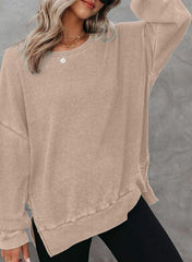 round neck long sleeve side slit waffle knit top